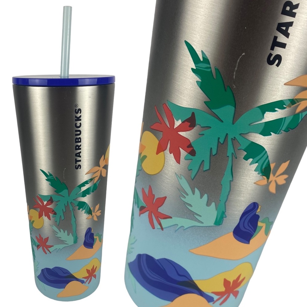 Starbucks Tropical Palm Trees Beach Mermaid Stainless Steel Tumbler with Straw